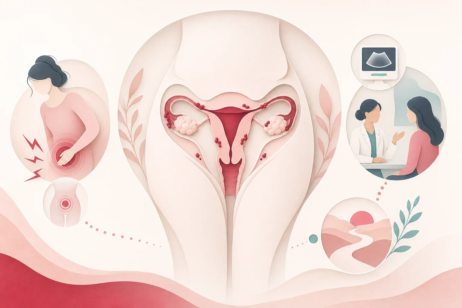 Ilustración educativa sobre síntomas, diagnóstico y atención de la endometriosis